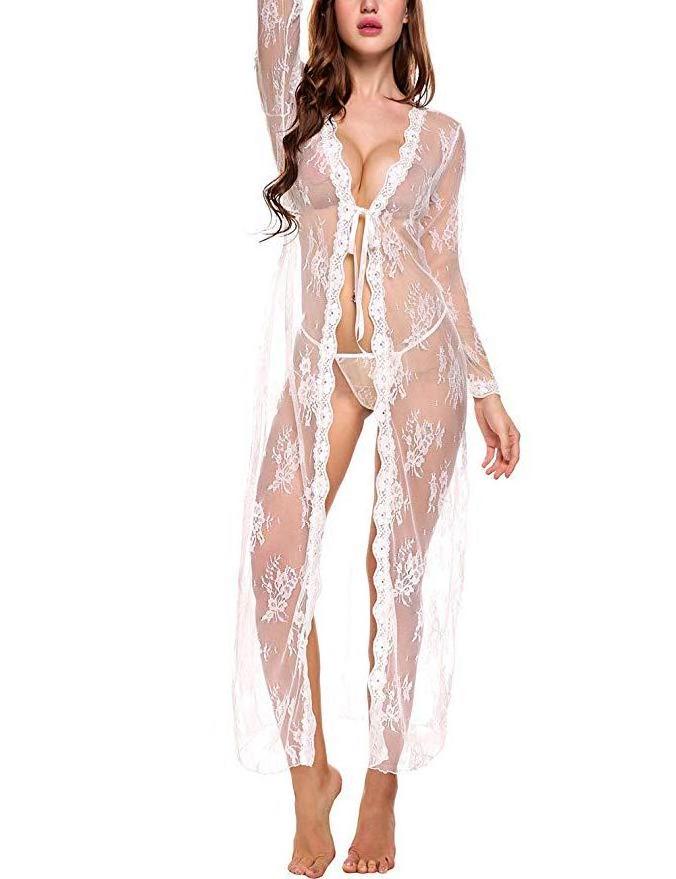 High quality designer sexy mesh perspective long sleeve lace nightdress sexy underwear dress lingerie