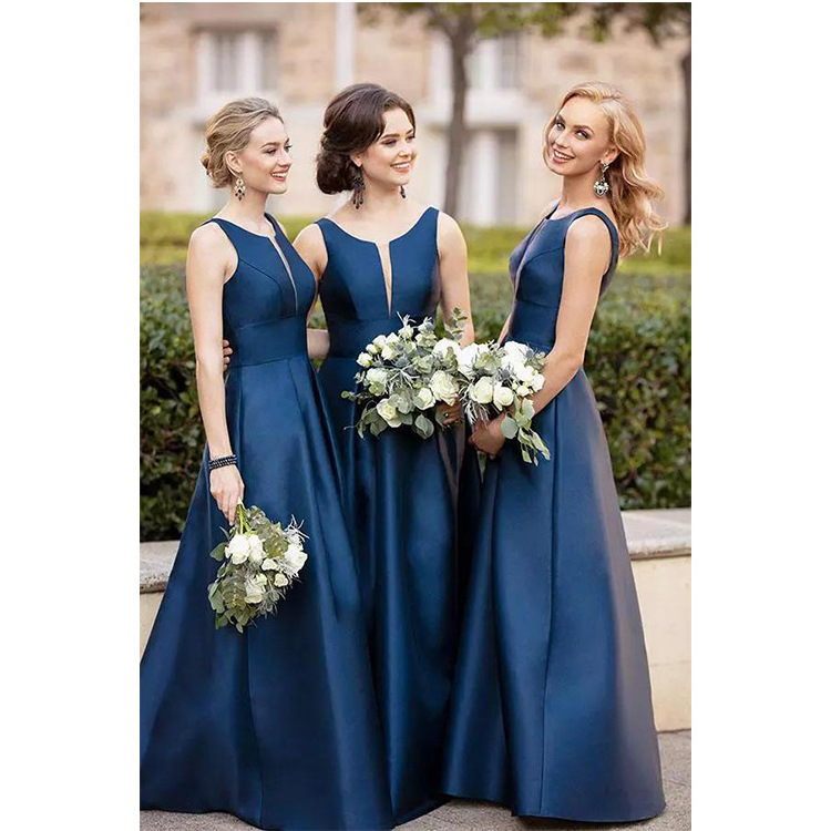 High quality Blue chiffon bridesmaid porm dresses long Satin A-Line wedding Party dress bridesmaid dresses woman