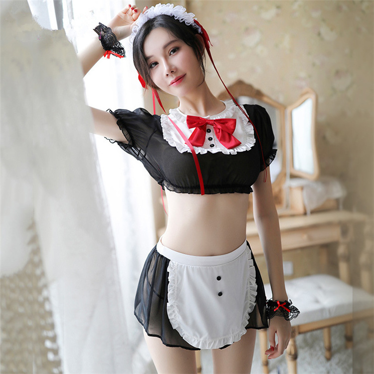 Sexy Costumes for Women Sexy Lingerie Lovely Maid Outfit Uniform Temptation Chiffon Transparent Detachable Bow Suit