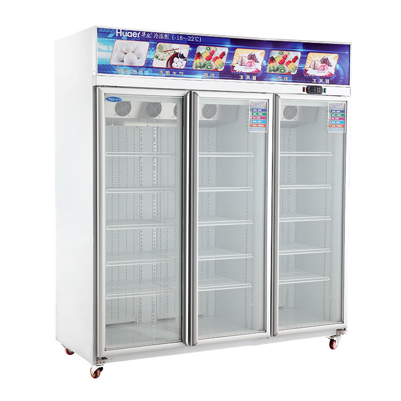 CE supermarket frozen food vertical glass display 3 door freezer