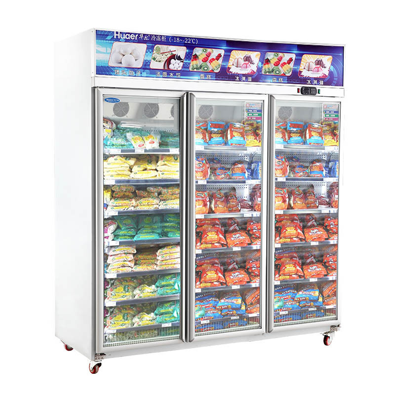 CE supermarket frozen food vertical glass display 3 door freezer