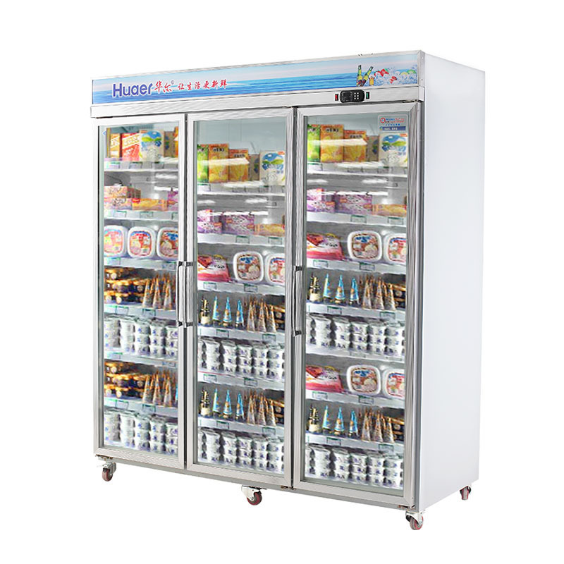 CE supermarket frozen food vertical glass display 3 door freezer