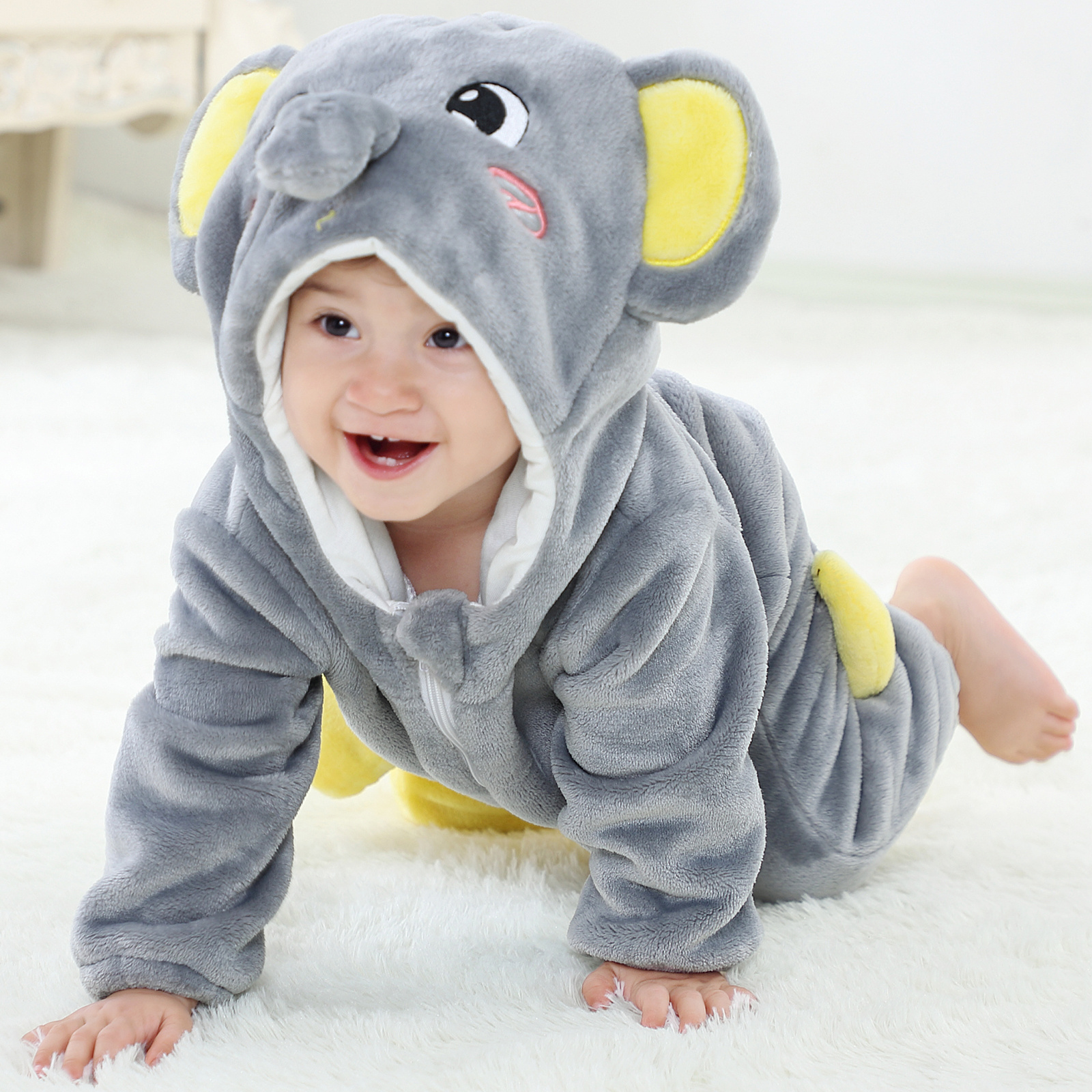 Michley Wholesale Ready To Ship Long Sleeve Baby Hooded Rompers With Zipper Cartoon Animal Flannel Toddler Boys Jumpsuits