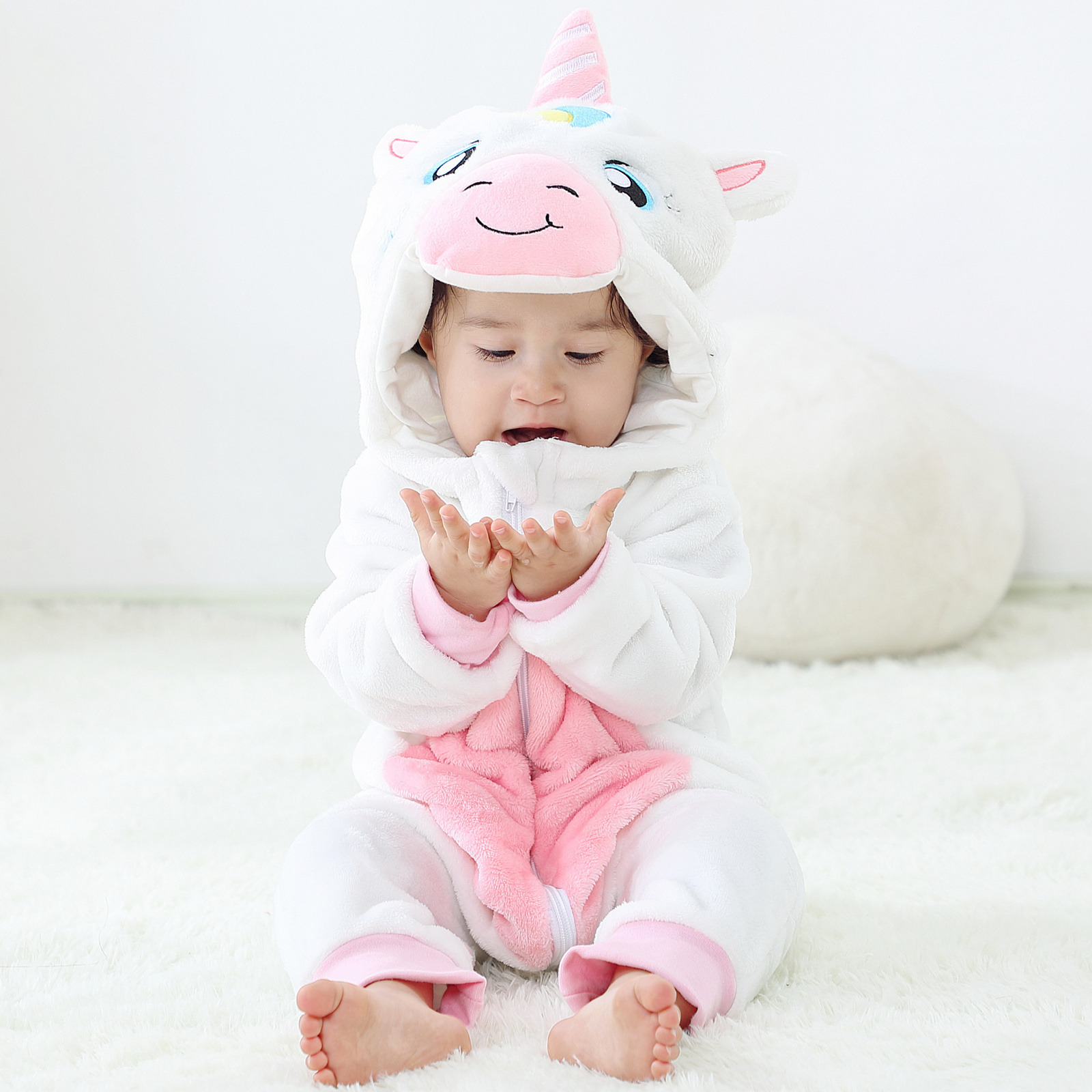 Michley Wholesale Ready To Ship Long Sleeve Baby Hooded Rompers With Zipper Cartoon Animal Flannel Toddler Boys Jumpsuits