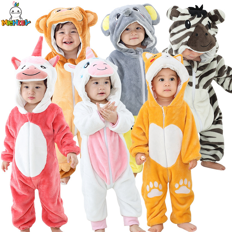 Michley Wholesale Ready To Ship Long Sleeve Baby Hooded Rompers With Zipper Cartoon Animal Flannel Toddler Boys Jumpsuits