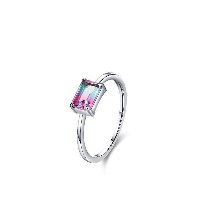 Simple Elegant Purity 925 Sterling Silver Square Imitation Watermelon Tourmaline Engagement Finger Rings for Women Jewelry