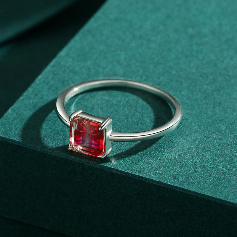 Hot Fashion INS Pure 925 Sterling Silver Square Fake Watermelon Tourmaline Red Gemstone Finger Rings for Women Girls Jewelry