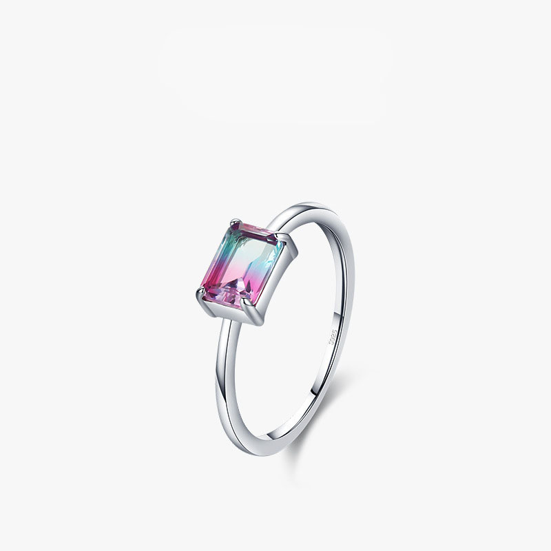 Simple Elegant Purity 925 Sterling Silver Square Imitation Watermelon Tourmaline Engagement Finger Rings for Women Jewelry