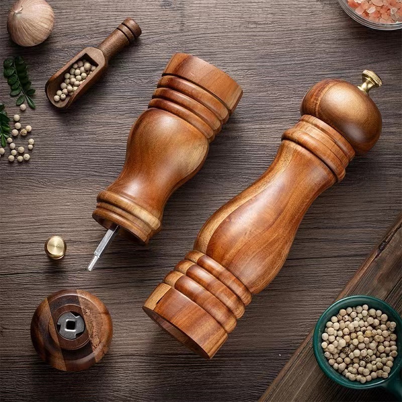 Factory wholesales solid wood manual acacia wood pepper grinder sea salt spices mill for kitchen