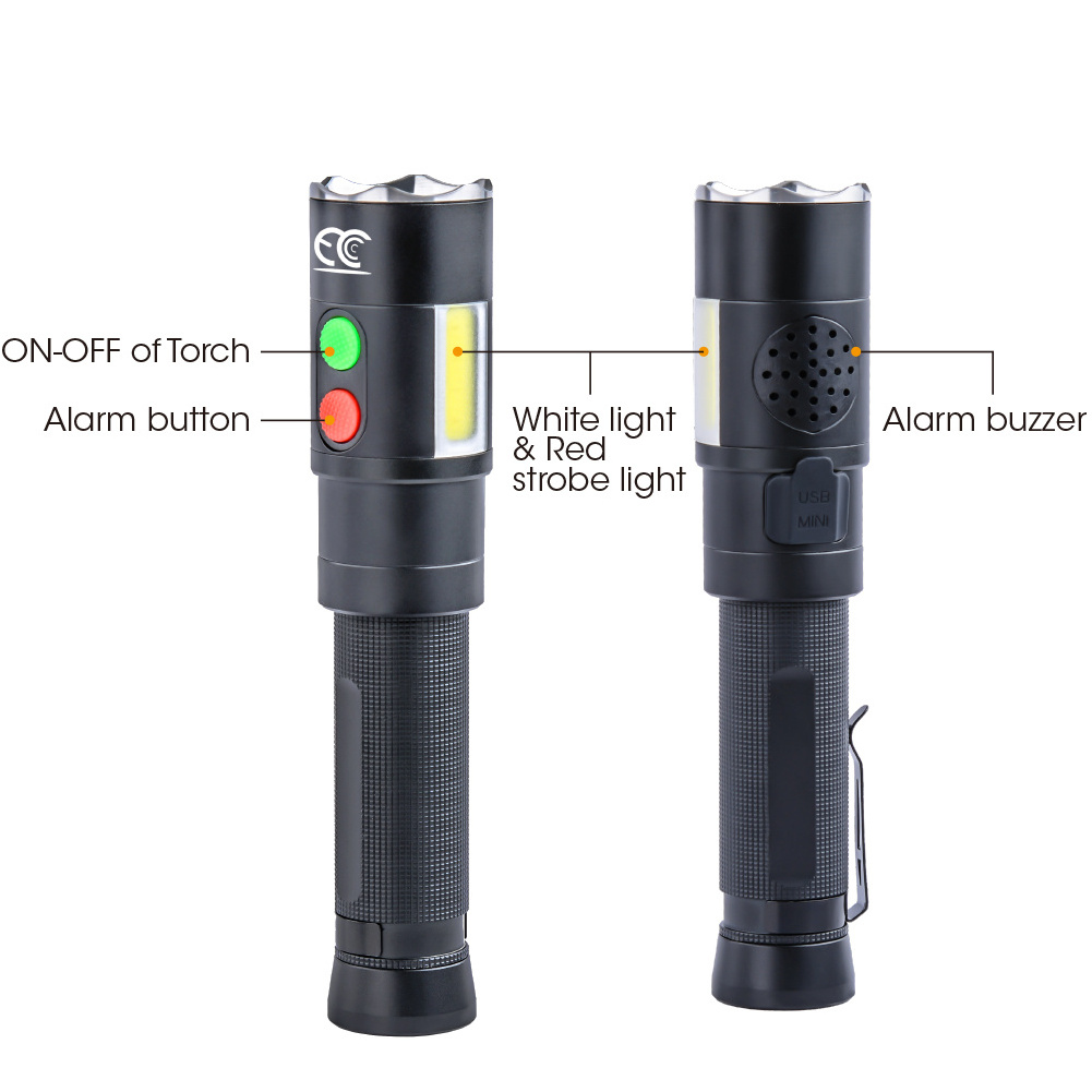 Multifunctional Flashlight with COB White Light & Red Strobe Light, Power Bank , Strong Magnet Tail,Pocket Clip,Alarm, Glass Bre