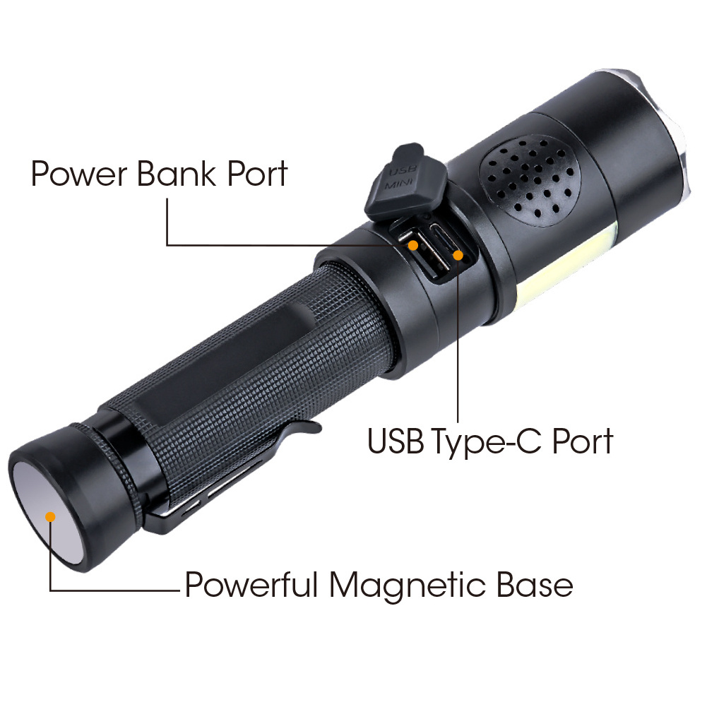 Multifunctional Flashlight with COB White Light & Red Strobe Light, Power Bank , Strong Magnet Tail,Pocket Clip,Alarm, Glass Bre