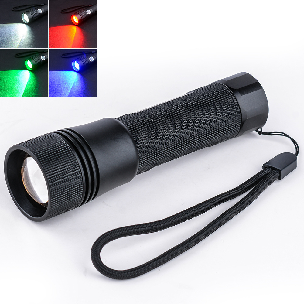 Zoomable Adjustable Focus LED Flashlight With 2 Compatible Batteries And 4 Different White Red Green Blue Lights