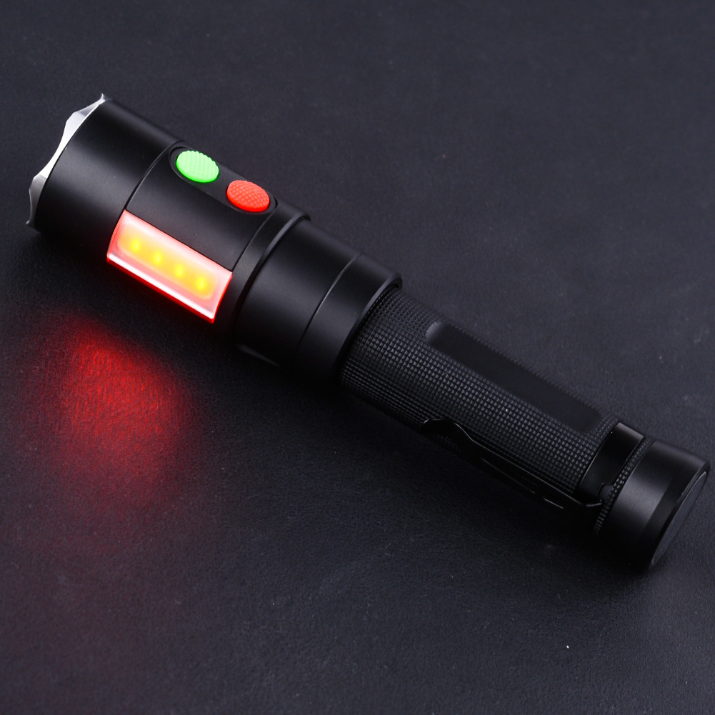 Multifunctional Flashlight with COB White Light & Red Strobe Light, Power Bank , Strong Magnet Tail,Pocket Clip,Alarm, Glass Bre