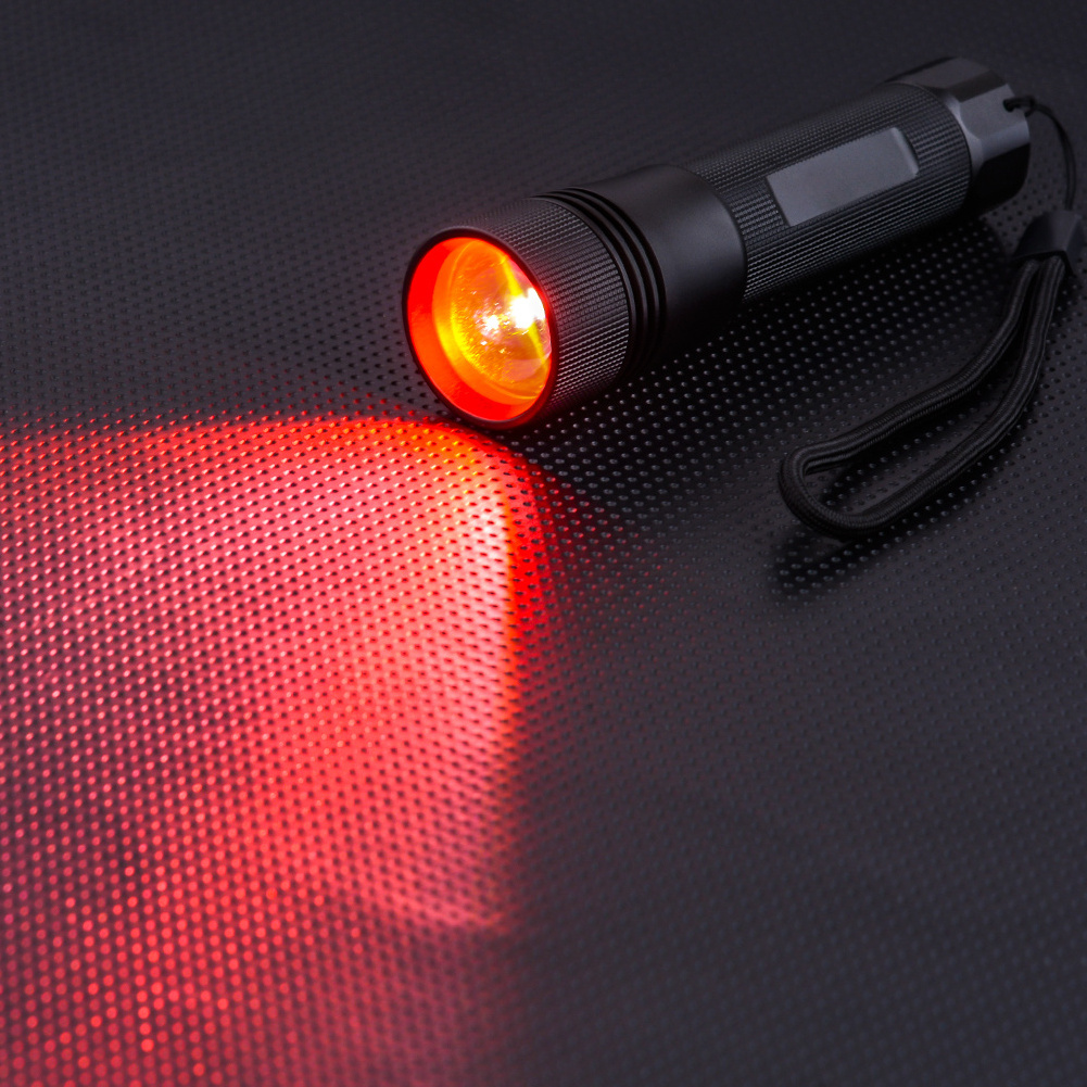 Zoomable Adjustable Focus LED Flashlight With 2 Compatible Batteries And 4 Different White Red Green Blue Lights