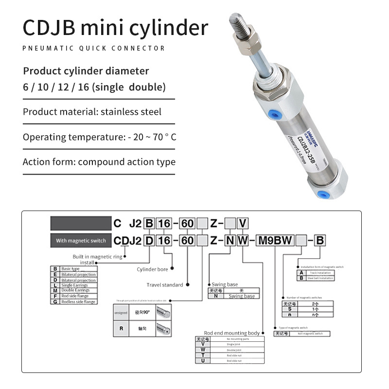 5 to 200 CDJ2B Stroke Pneumatic Cylinder Mini 304Stainless Steel Air Cylinder With Magnetic