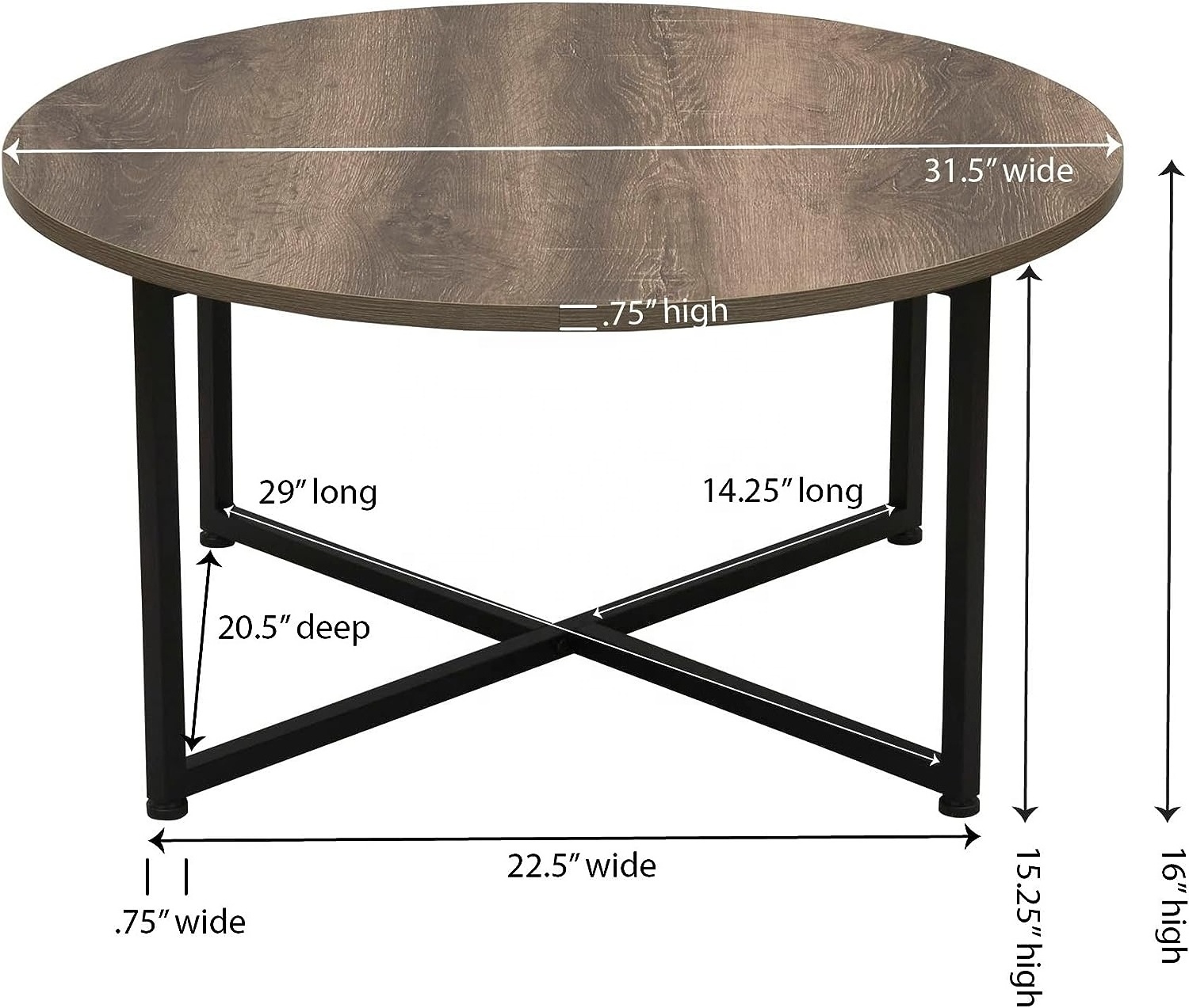 Household Essentials Round Coffee Table Ashwood Rustic Wood Metal Grain and Black X 31.5 Living Room Furniture Modern Coastal