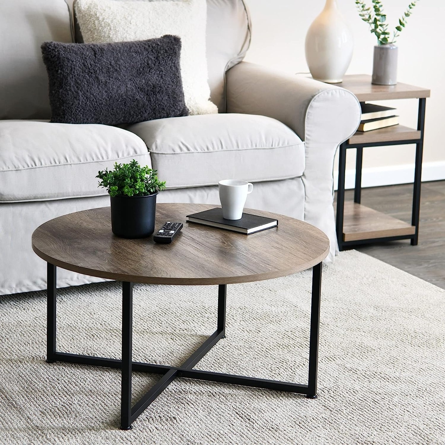 Household Essentials Round Coffee Table Ashwood Rustic Wood Metal Grain and Black X 31.5 Living Room Furniture Modern Coastal