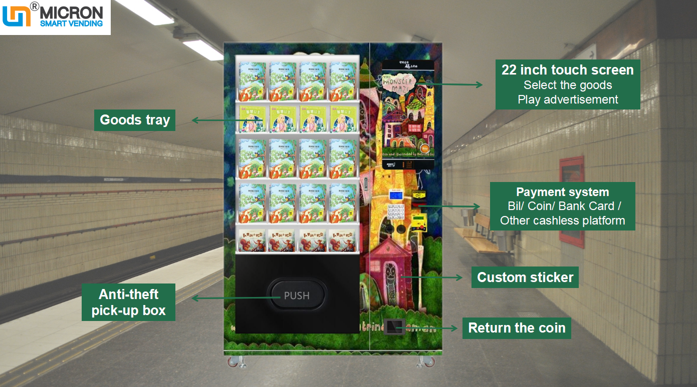 24 hour self-service  newspaper book vending machine with smart system and touch screen in the library