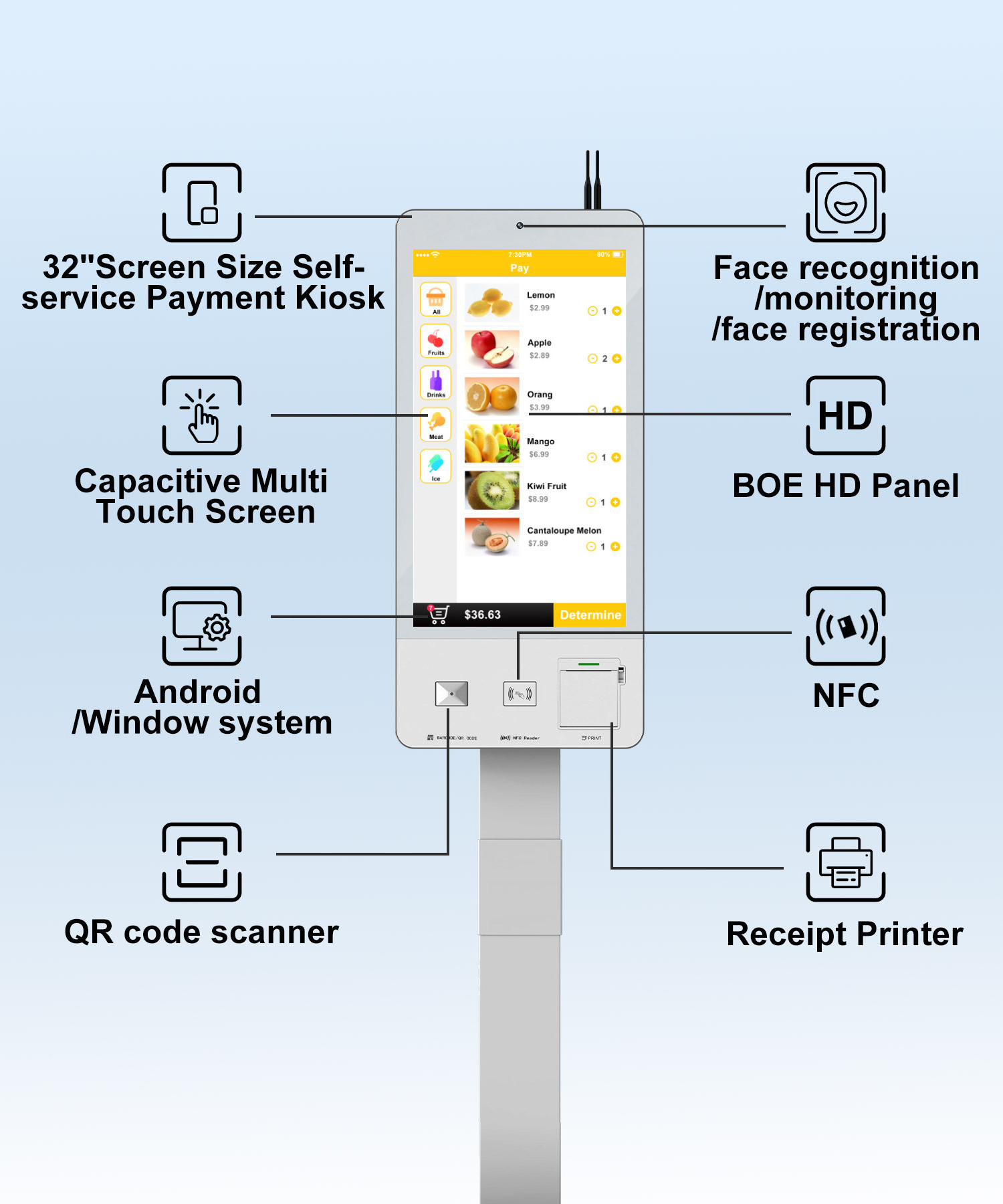 Android  OS Windows OS self service payment kiosk machine hotel self check in self service vending kiosk 21.5 inch 32inch