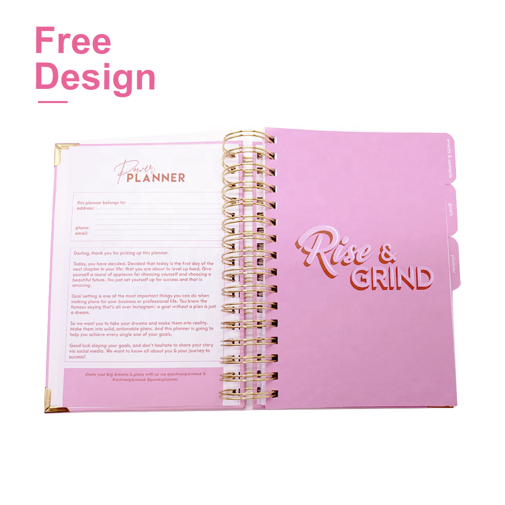 Custom Printing 2022 2023 Pink Hardcover A5 Daily Weekly Monthly Organizer Diary Journal Agenda Planner Spiral Notebook