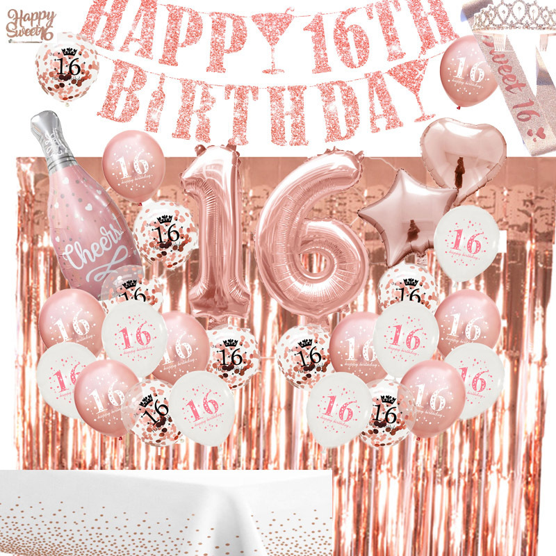 16th Birthday Party Decorations Heart Cake Topper  Birthday Sweet Rose gold Confetti Balloons 16th Birthday Party Supplies