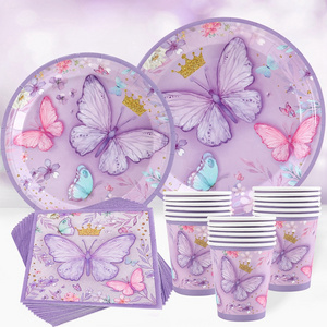 Purple Pink Butterfly  Disposable Paper Plates Gold Crown Butterfly Disposable Tableware Set For Birthday Theme Party Decoration