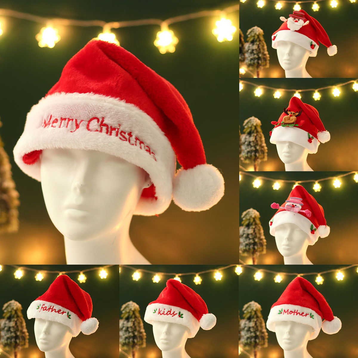 Wholesale Unisex Short Plush Family Christmas Hats Classic Red White Christmas Santa Claus Hat For Christmas Home Decoration