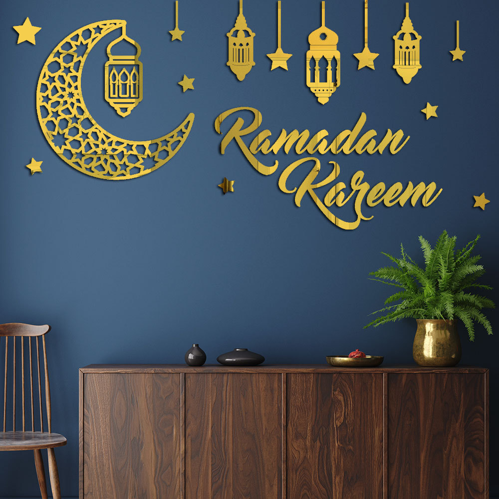 87*42cm Eid Decoration 2024 Acrylic Mirror 3D  Moon Star Eid Wall Sticker Eid Mubarak Ramadan Muslim Wall Decals Stickers