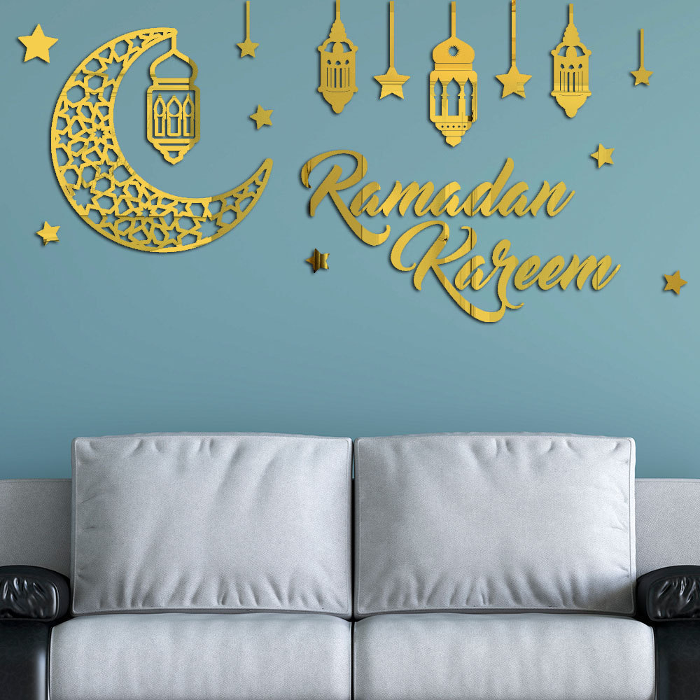 87*42cm Eid Decoration 2024 Acrylic Mirror 3D  Moon Star Eid Wall Sticker Eid Mubarak Ramadan Muslim Wall Decals Stickers