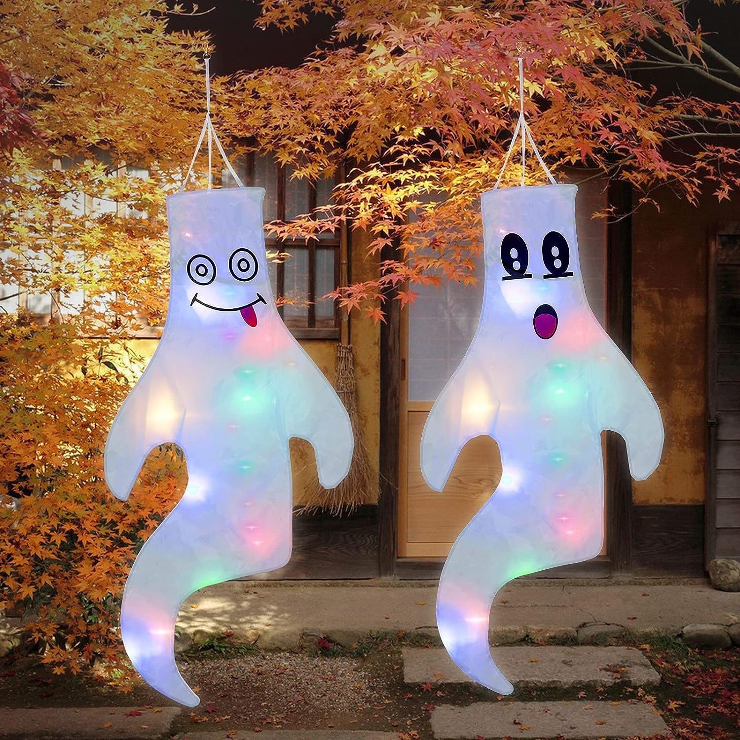 Halloween Ghost Windsocks Hanging Decorations with LED Light for Halloween Garden Pathway Party Halloween Decoration