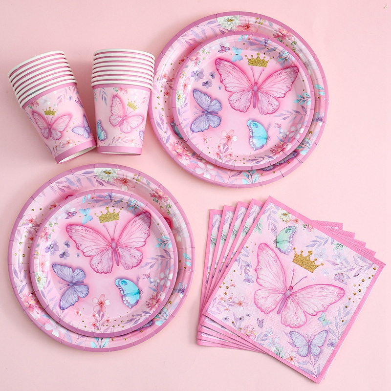 Pink Butterfly  Disposable Paper Plates Gold Crown Butterfly Disposable Tableware Set For Birthday Theme Party Decoration