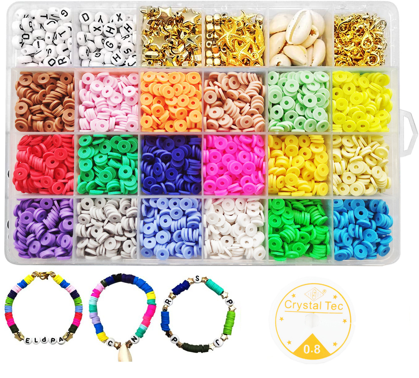 6000 Pcs Clay Heishi Beads for Bracelets Flat Round Clay Spacer Beads with 900 Pcs Letter Beads Pendants Jump Rings Clay