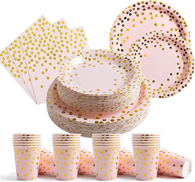 Hottest Party Hot Plate Birthday Gold Dot Paper Plates Pink Tableware Banners Paper Disposable Paper Plates Cups Napkins Set