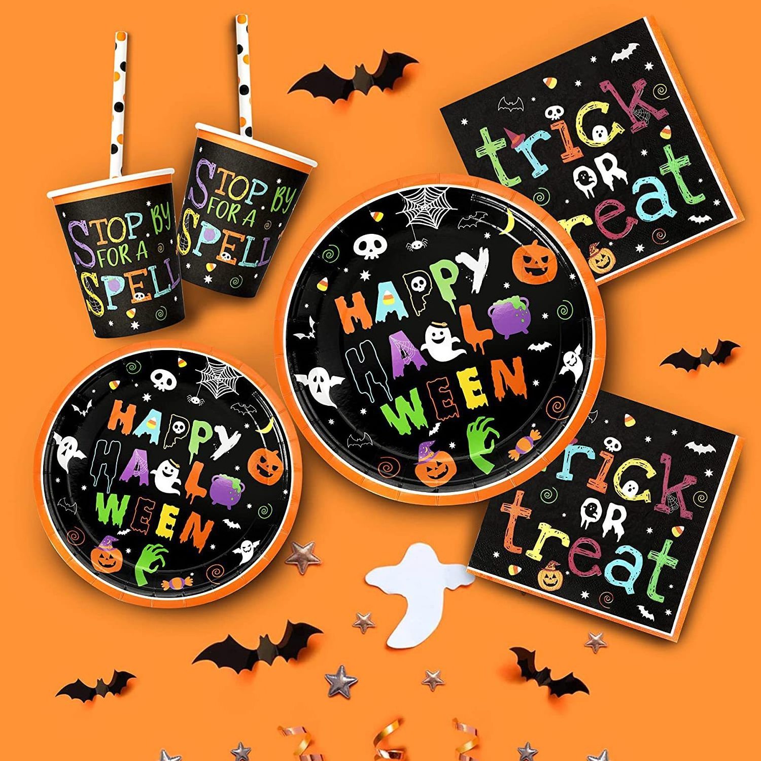 Halloween Tableware Plates and Napkins Set Disposable Paper Plates Napkins and Cups Halloween Kids Party Supplies Decoration