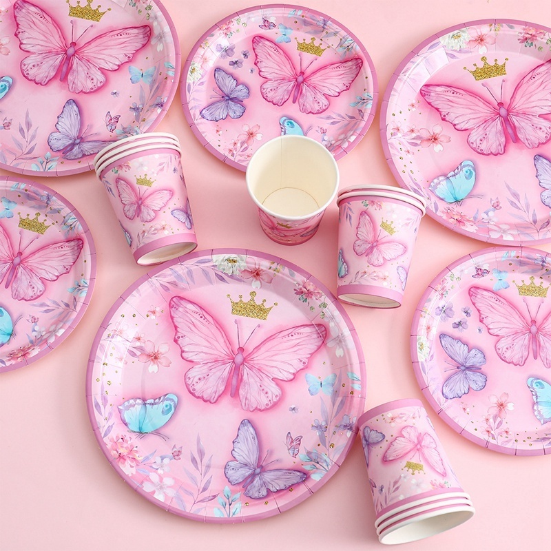 Pink Butterfly  Disposable Paper Plates Gold Crown Butterfly Disposable Tableware Set For Birthday Theme Party Decoration