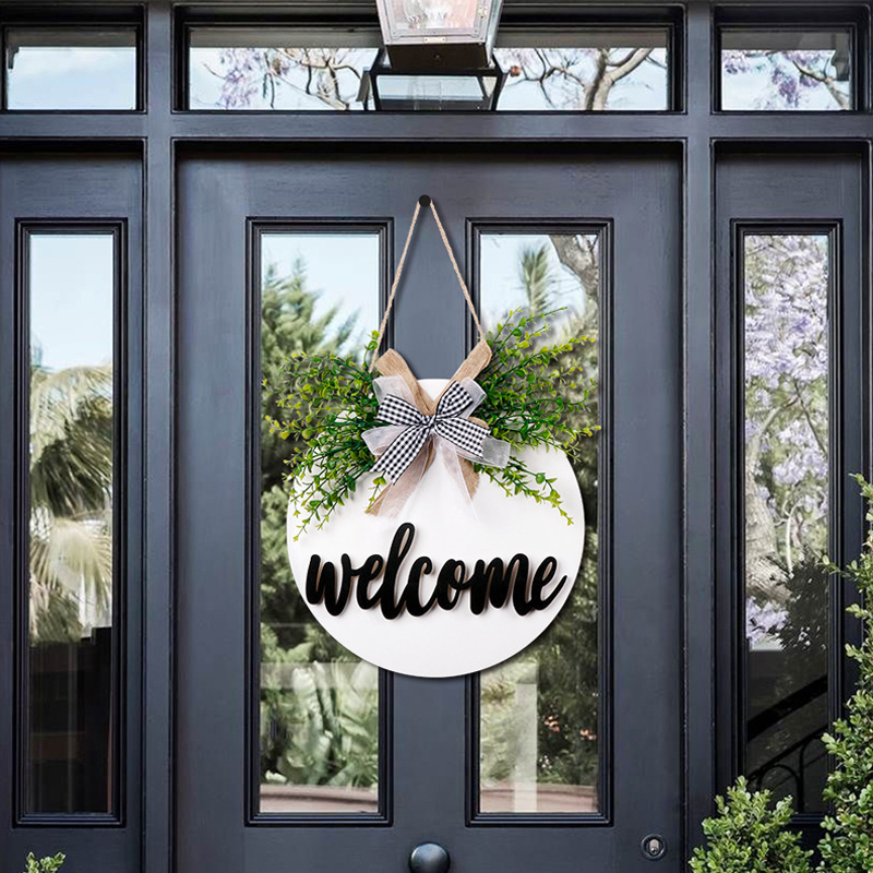 Rustic Wood Hello Sign Hanging Front Door Wreath with Buffalo Plaid Bow Spring House Welcome Sign Front Door Decor