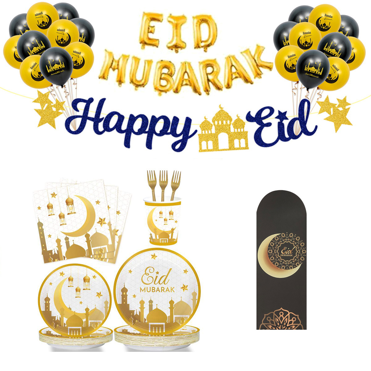 2024 Custom EID Mubarak Decorations Paper plate sets with Foil balloons paper money envelopes for Muslim Ramadan party supplies