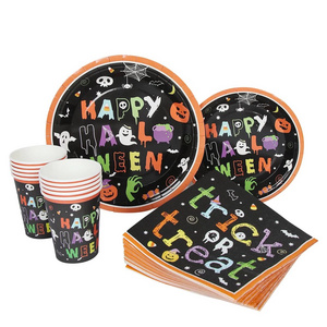 Halloween Tableware Plates and Napkins Set Disposable Paper Plates Napkins and Cups Halloween Kids Party Supplies Decoration