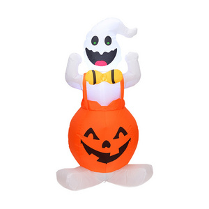 Halloween Ghost Wearing Pumpkin Suspender Pants Inflatable 3.9 Foot Blow Up with Built-in Fan and LED Lights for Decorate Yar