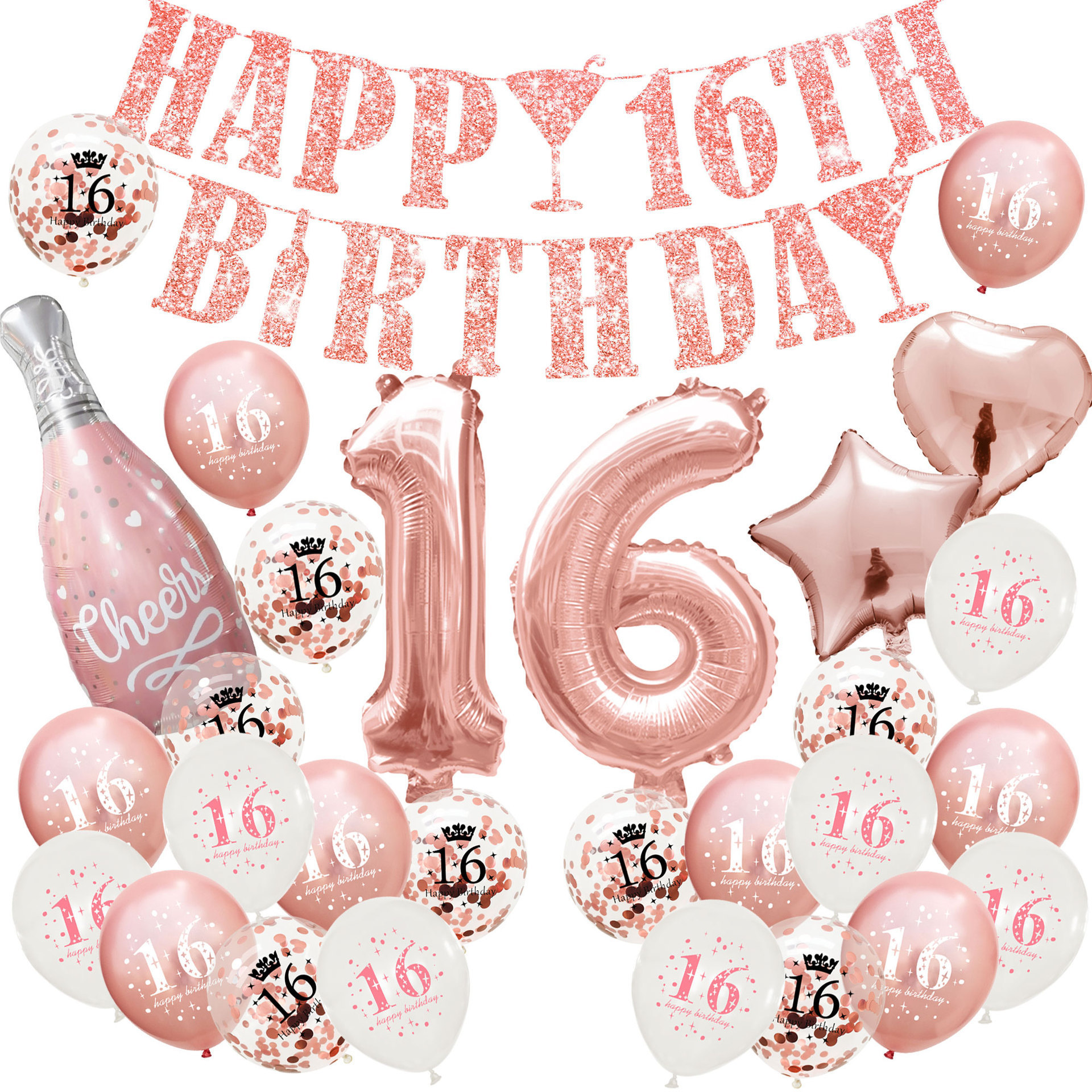 16th Birthday Party Decorations Heart Cake Topper  Birthday Sweet Rose gold Confetti Balloons 16th Birthday Party Supplies