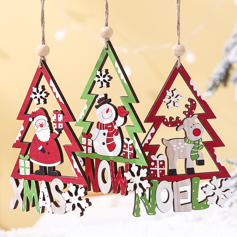 Xmas Gift 2023 Wooden Christmas Santa Snowman Elk Tree Hanging Ornaments Wall Pendant Wood Home Decor Christmas Decoration