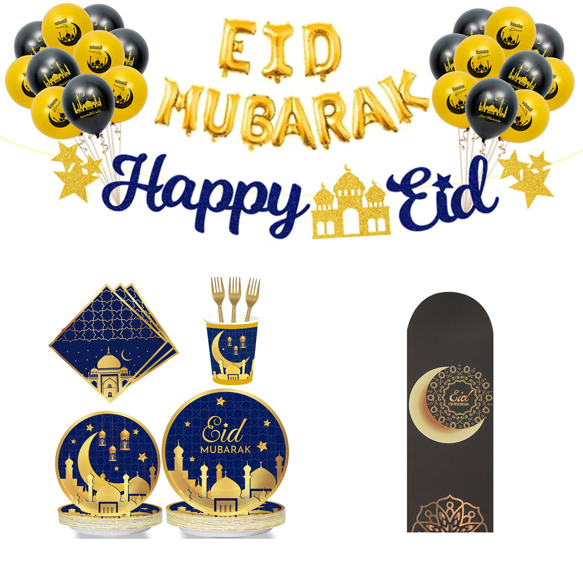 2024 Custom EID Mubarak Decorations Paper plate sets with Foil balloons paper money envelopes for Muslim Ramadan party supplies