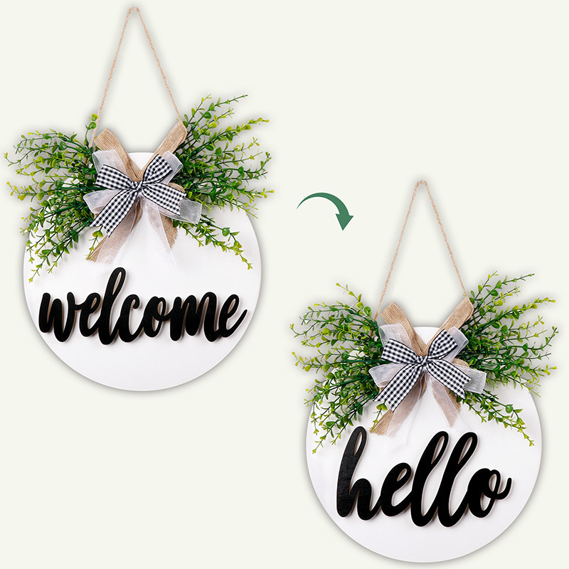 Rustic Wood Hello Sign Hanging Front Door Wreath with Buffalo Plaid Bow Spring House Welcome Sign Front Door Decor