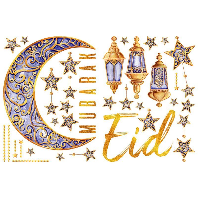 EID Mubarak Wall Sticker Moon Star Lantern Castle Wall Decal Home Islamic Muslim Eid Al-Fitr 2024 Window Sticker