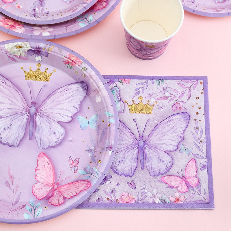 Purple Pink Butterfly  Disposable Paper Plates Gold Crown Butterfly Disposable Tableware Set For Birthday Theme Party Decoration