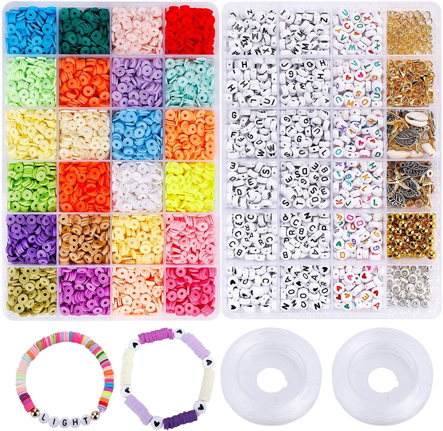 6000 Pcs Clay Heishi Beads for Bracelets Flat Round Clay Spacer Beads with 900 Pcs Letter Beads Pendants Jump Rings Clay