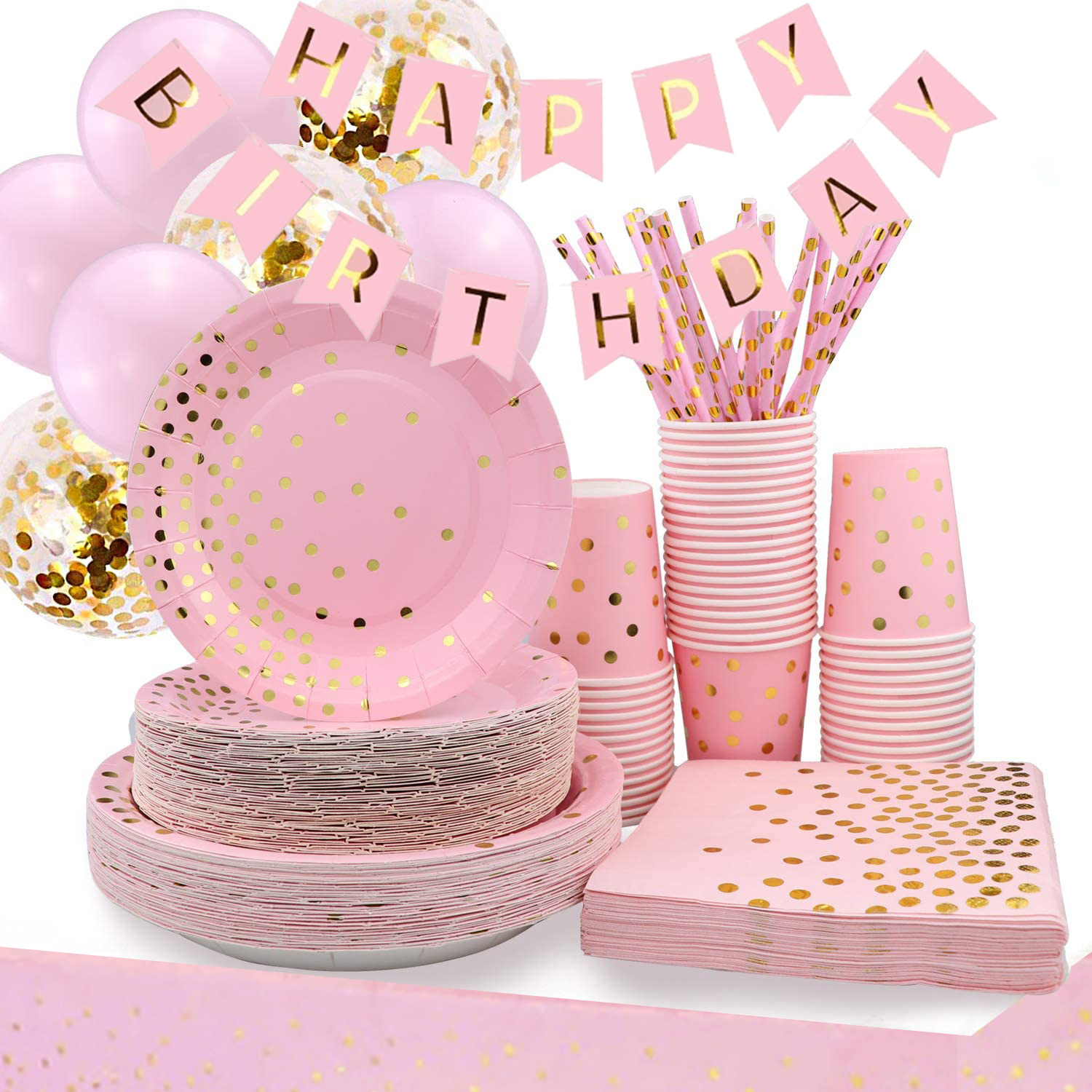 Hottest Party Hot Plate Birthday Gold Dot Paper Plates Pink Tableware Banners Paper Disposable Paper Plates Cups Napkins Set