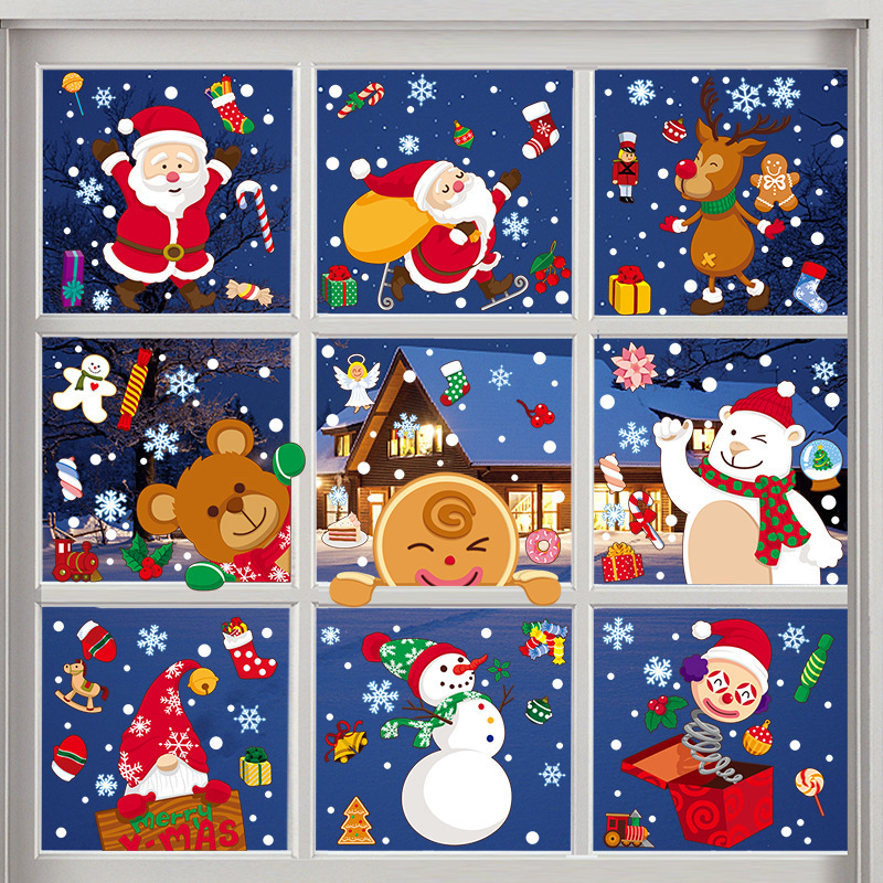 9pcs Home Decor Santa Snowflakes Wall Decals Christmas Window Stickers Window Clings Xmas Holiday Christmas Decorations Supplies