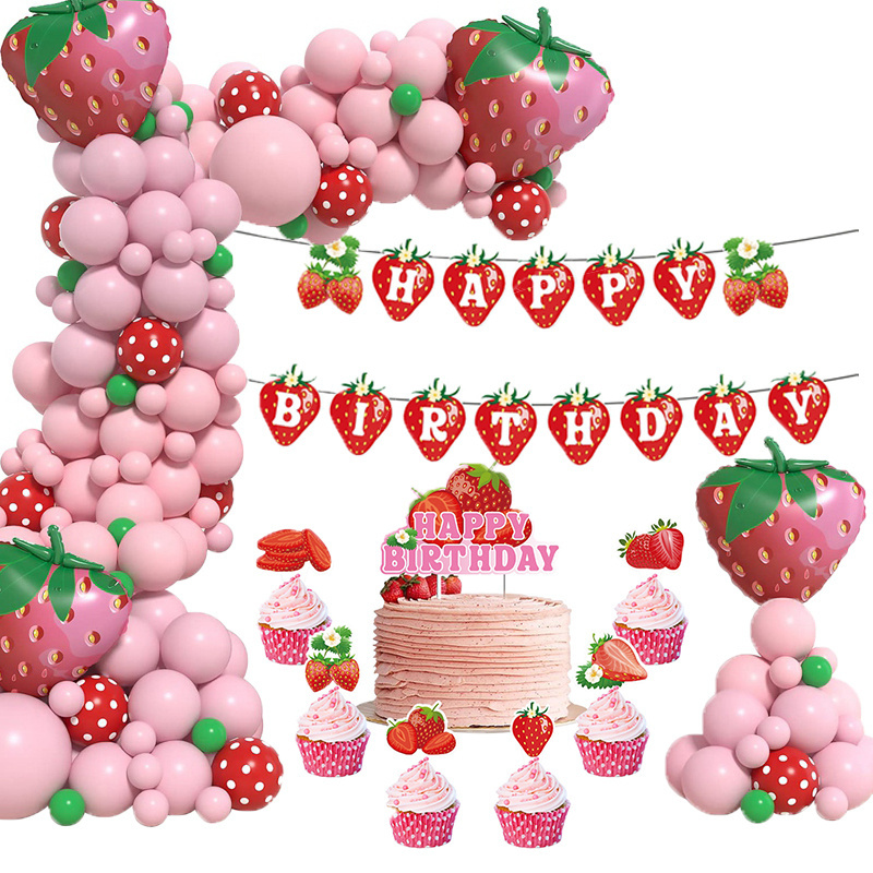 Strawberry Decoration Set Party Supplies Inflatable Strawberry Balloons Arch Banner Cupcake Topper Birthday Party Decoration Set