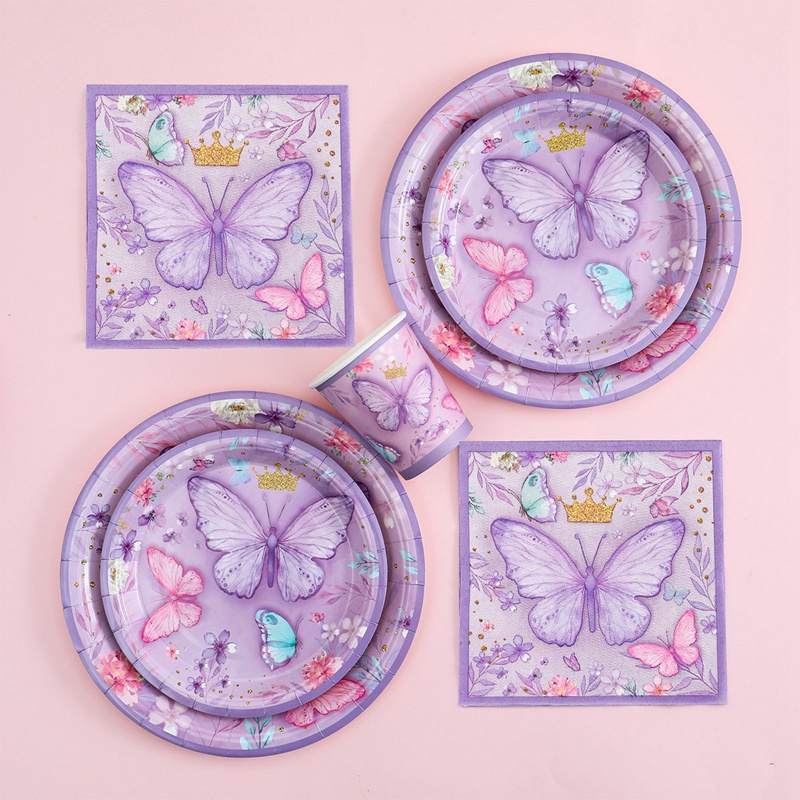 Purple Pink Butterfly  Disposable Paper Plates Gold Crown Butterfly Disposable Tableware Set For Birthday Theme Party Decoration